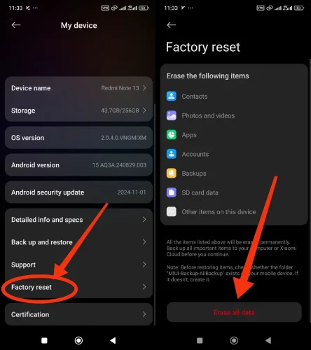 ریست فکتوری گوشی