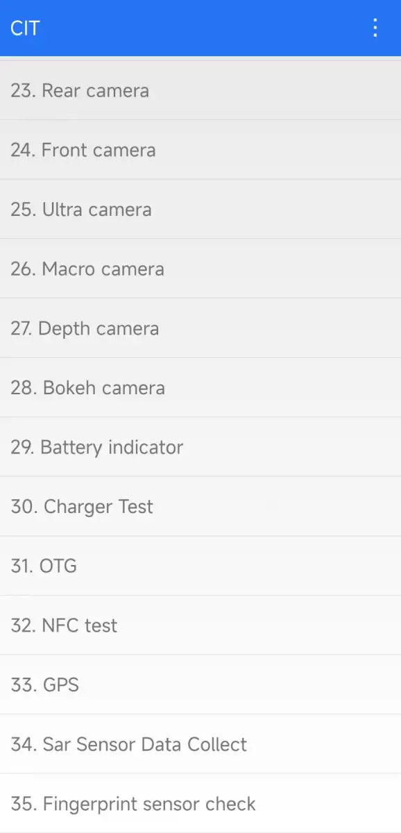 منوی تست گوشی شیائومی