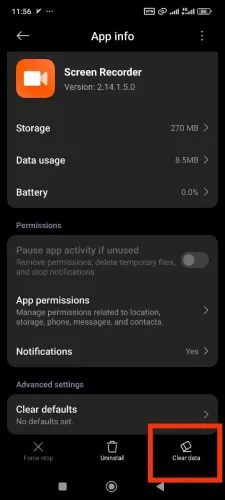 حذف کردن کش برنامه اسکرین رکوردر