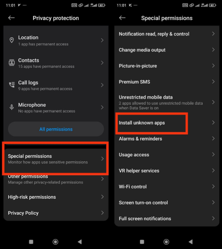 نصب برنامه از منابع ناشناس برای حل مشکل ناسازگاری برنامه های شیائومی