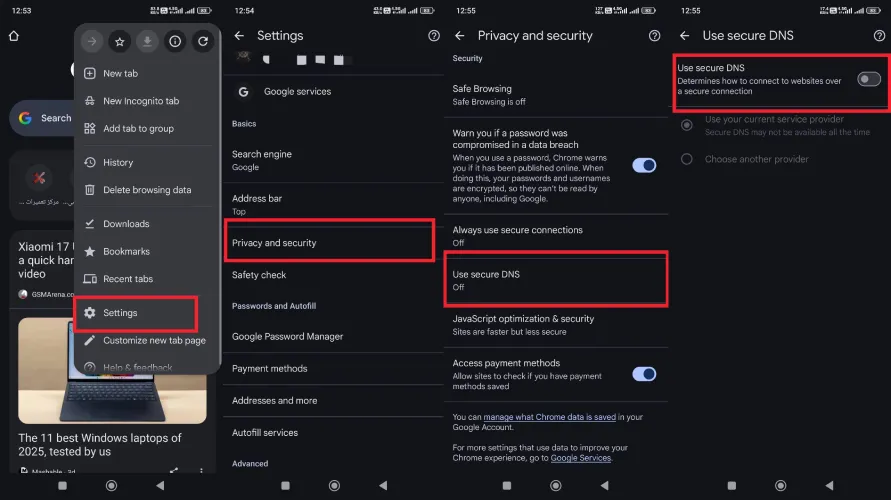 تغییر DNS مرورگر (رفع خطای No Internet)