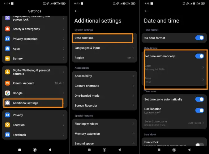 تنظیم نبودن خودکار تاریخ و ساعت گوشی شیائومی