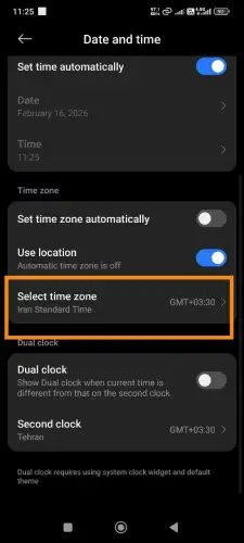 انتخاب اشتباه منطقه زمانی در گوشی شیائومی