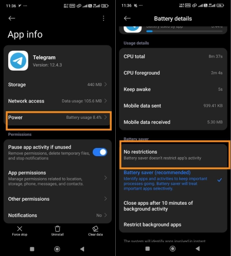 حذف محدودیت مصرف باتری برنامه